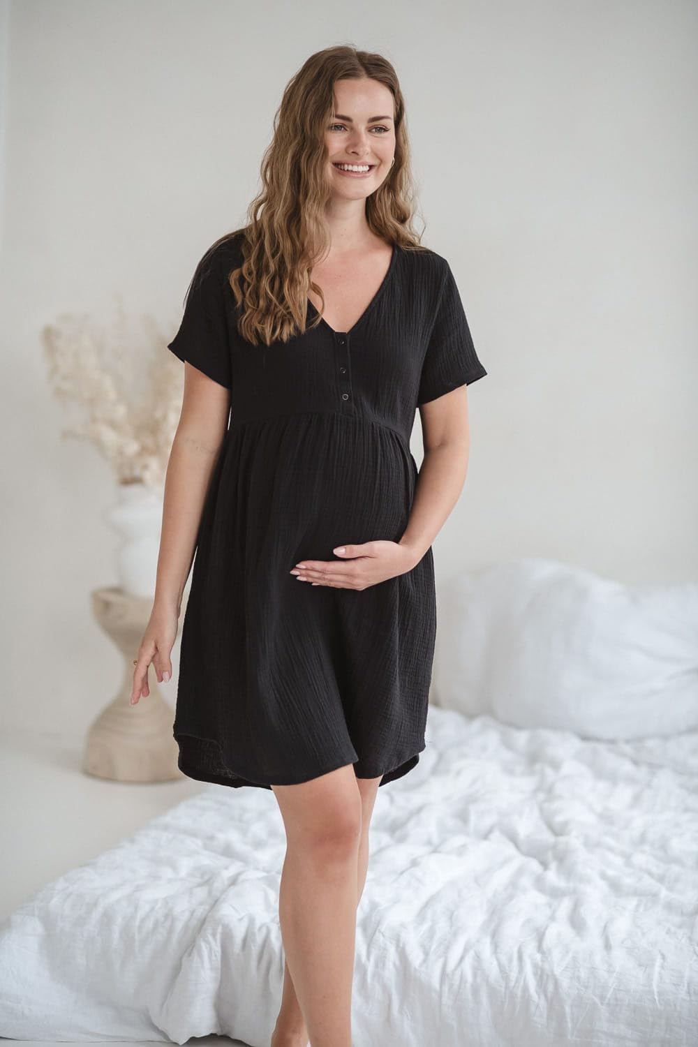 Milk&Love Aurora muślinowa koszula nocna dla kobiet w ciąży, wyprodukowana w UE (czarna, XL)