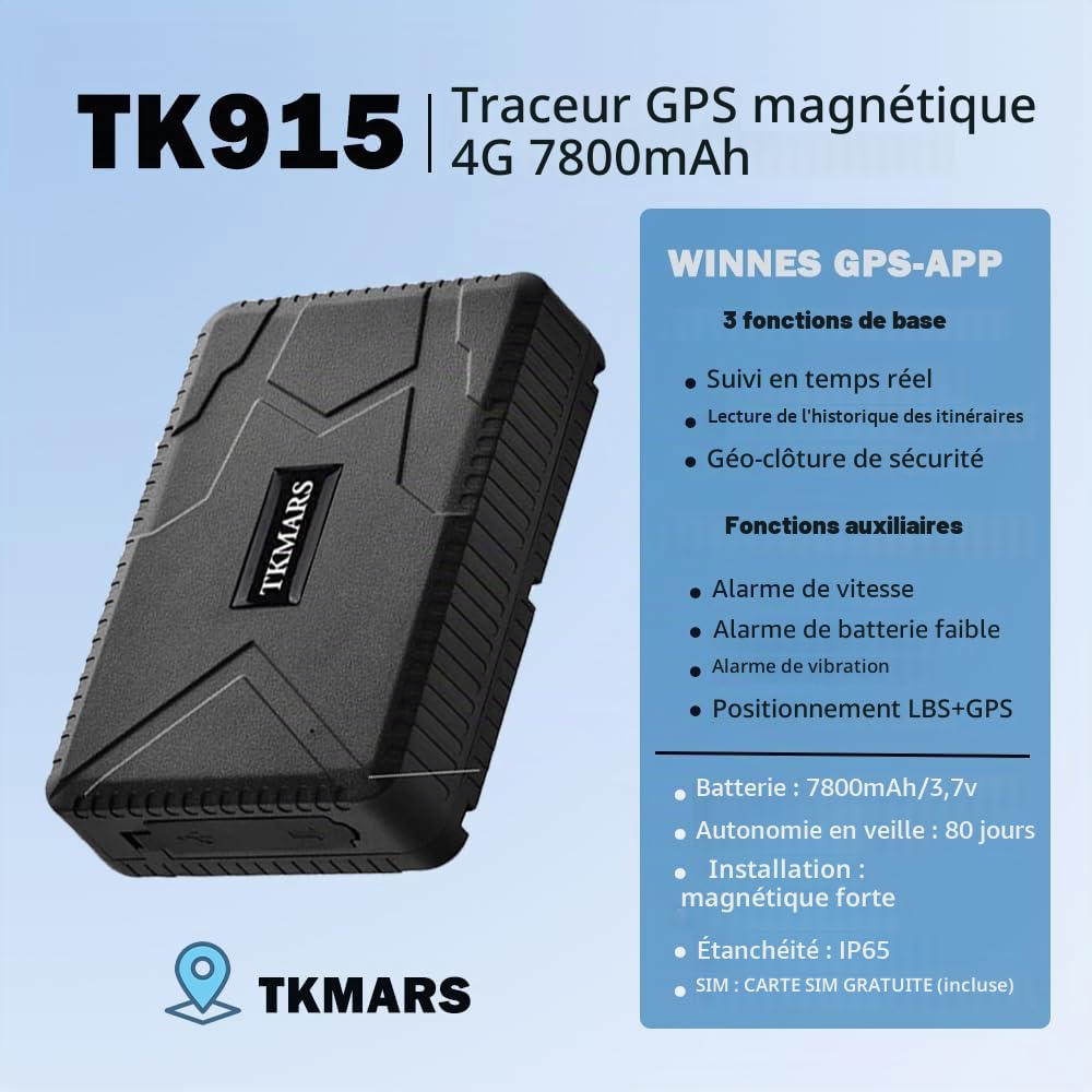 TKMARS Traceur GPS Voiture 4G Aimanté Tracker GPS Étanche IP65 7800mAh 2 Mois Autonomie en Veille Positionnement APP/SMS Suivi en Temps Réel Traqueur Pas de Distance Limite TK915