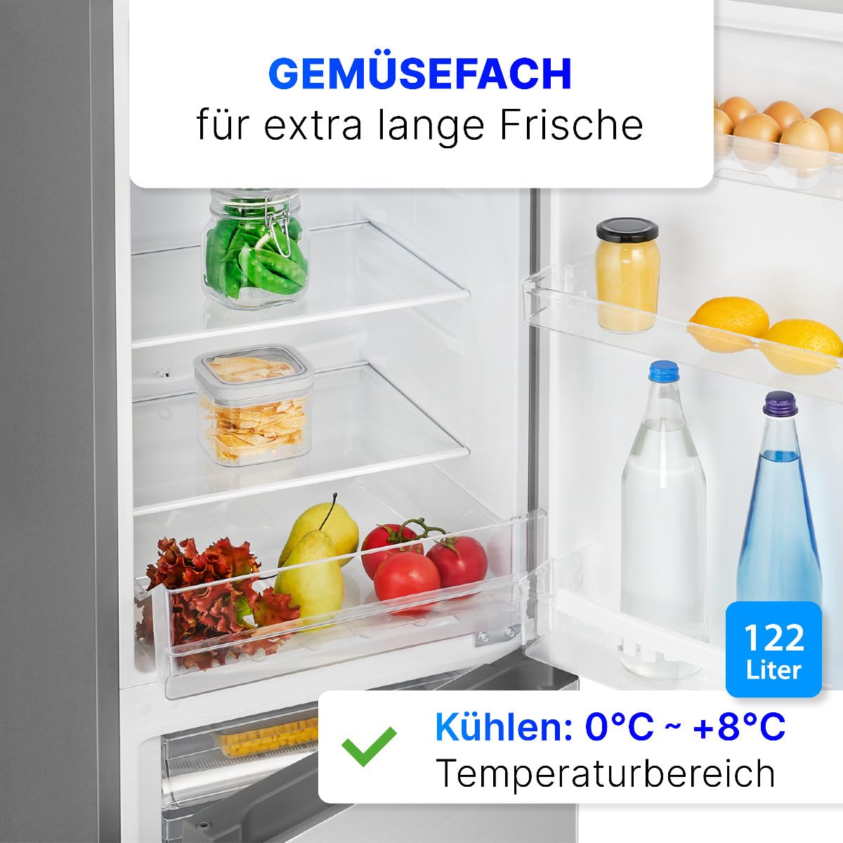 Bomann® Kühlschrank mit Gefrierfach | Energieklasse D | 143cm | Kühl Gefrierkombination leise 39 dB | 3 Ablagen & 3 Schubladen | Türanschlag wechselbar | 175L Kühlgefrierkombi | KG 322.1 inox