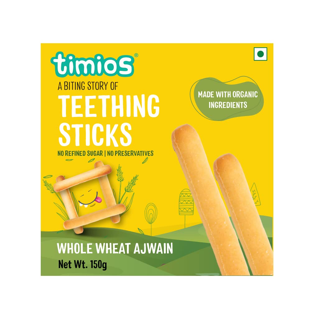 Timios Organic Teething Sticks – Whole Wheat & Ajwain, 150g, Healthy, Tasty & Preservative-Free Baby Snack, Soothes Gums, Promotes Self-Feeding Timios Organic Teething Sticks – Whole Wheat & Ajwain, 150g, Healthy, Tasty & Preservative-Free Baby Snack, Soothes Gums, Promotes Self-Feeding