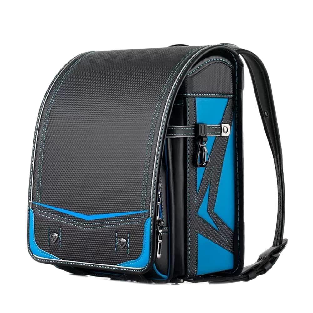 Schulranzen, PU-Leder-Rucksack, Schulranzen mit automatischer Rückprallsperre, Leichter Bücherrucksack für, Schwarz (Blau)