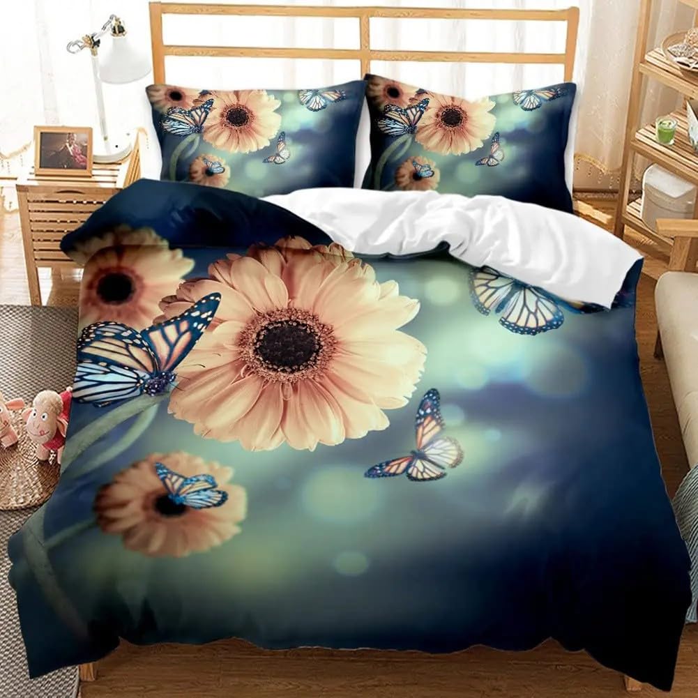 Housse de couette 200x200 marguerite et lit papillon 3D microfibre douce