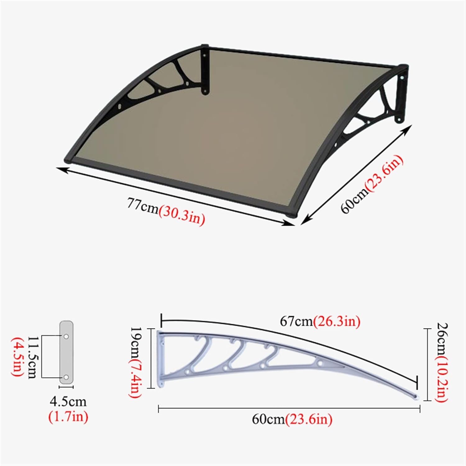 Window Awning Front Door Canopy with ABS Bracket, Porch Patio Roof Rain Shelter, Polycarbonate Sheets Cover for Rain Snow Sunlight Protection (Color : Brown(A), Size : 60x77cm)