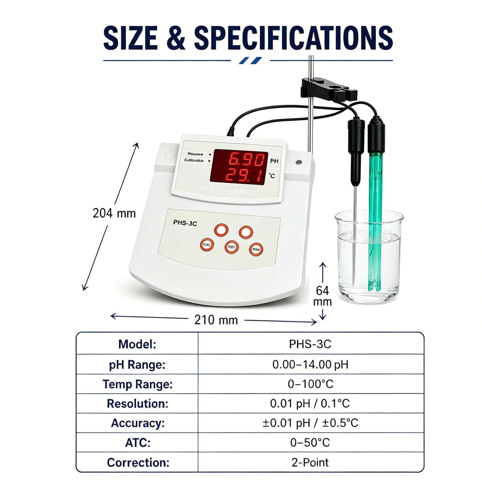 Medidor De Ph De Sobremesa para Laboratorio, Medidor De Acidez De Sobremesa con Autocalibración, Precisión De ±0,01 Ph Y 2 Electrodos De Ph/Temperatura, 0℃-50℃ ATC, con Soporte, para Medio