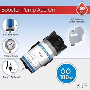 Reverse Osmosis 100 GPD RO Booster Pump w/High Pressure Switch, Solenoid Valve, Pressure Gauge, 2 Connect Fittings - 1/4 OD x 3/8 MIP Elbow