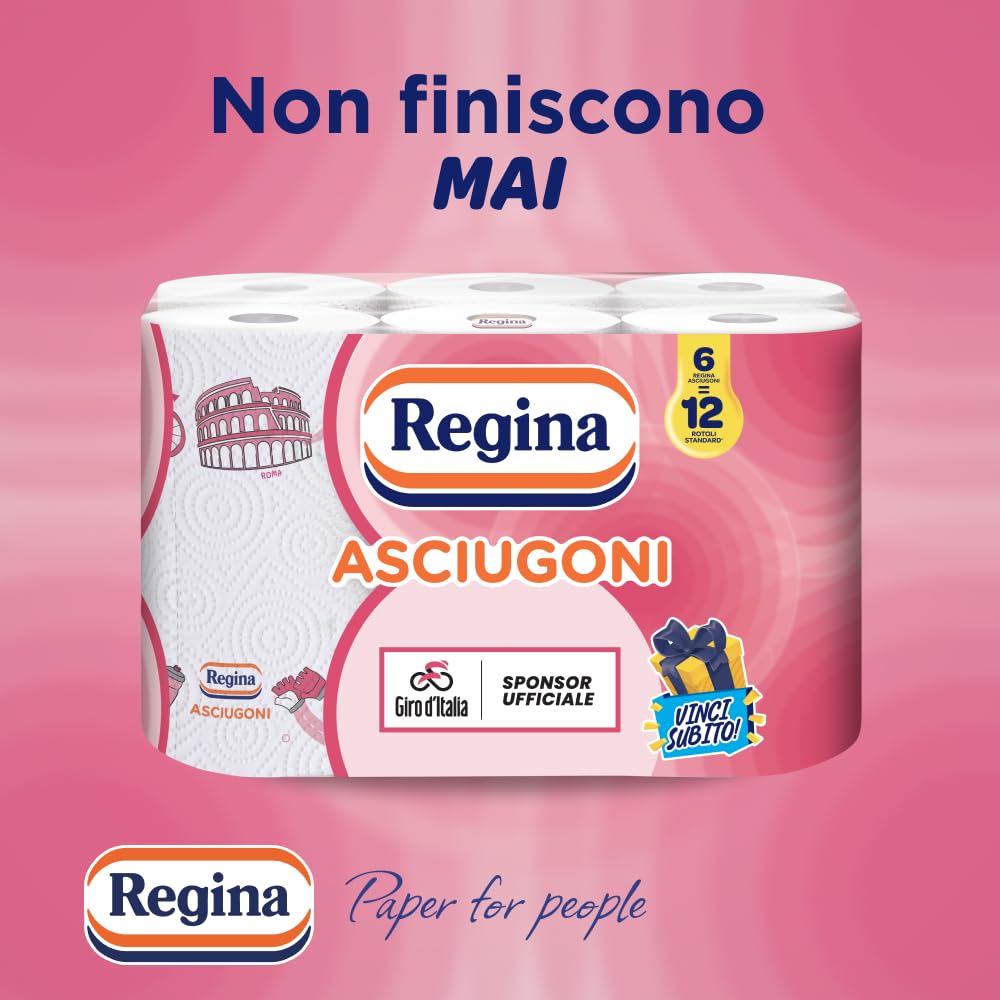 Regina Asciugoni Carta Cucina, 12 Rotoli da 100 Strappi a 2 veli, Maxi Fogli più Grandi e più Assorbenti, Carta 100% certificata FSC