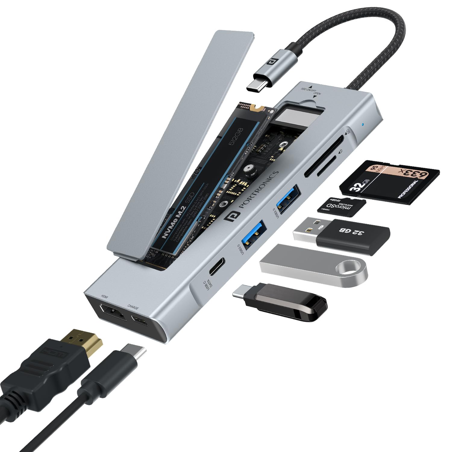 Portronics Mport Space 8-in-1 Type-C Hub with Built-in M.2 NVMe & SATA SSD Slot, 100W PD Charging, 4K@30Hz HDMI Output, USB 3.0, SD/microSD Reader, Type-C Data, Aluminium Body, Nylon Braided Cable-picture-27