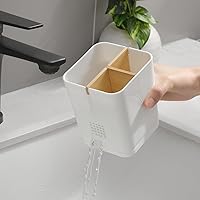 Vista 5 de Soporte para cepillo de dientes eléctrico de 3 ranuras con divisores de bambú para baños, organizador de cepillos de dientes y pasta de dientes