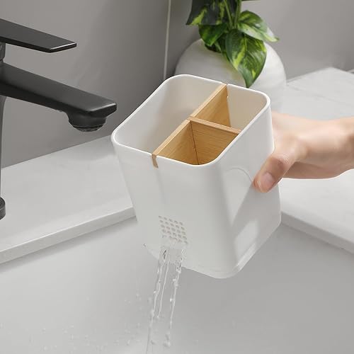 Miniatura 5 de Soporte eléctrico para cepillos de dientes con 3 ranuras para cepillos de dientes con separadores de bambú para baños, organizador de cepillos de