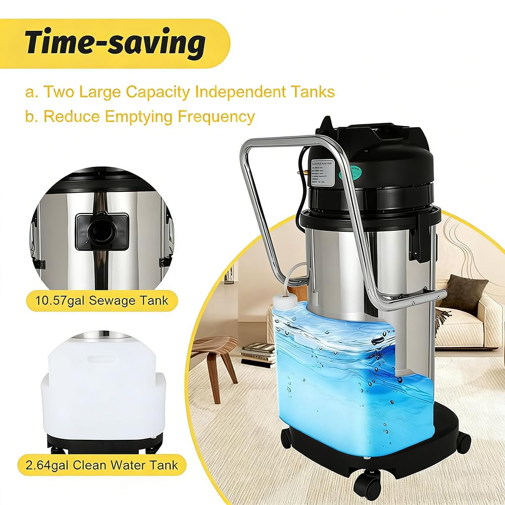 40L Limpiadora tapicería 3 en 1 aspiradora Agua Polvo Doble Tanque Limpio/Residual,extracción eficiente,con Cable de 7 m (22,97 pies) y Ruedas,para Oficina,hoteles,Espacios comerciales