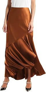 SEBOWEL Women Satin Skirt Silk A Line Swing Ruffle Pleated Cocktail Skirts Silky High Low Tiered Long Maxi Skirt with Split