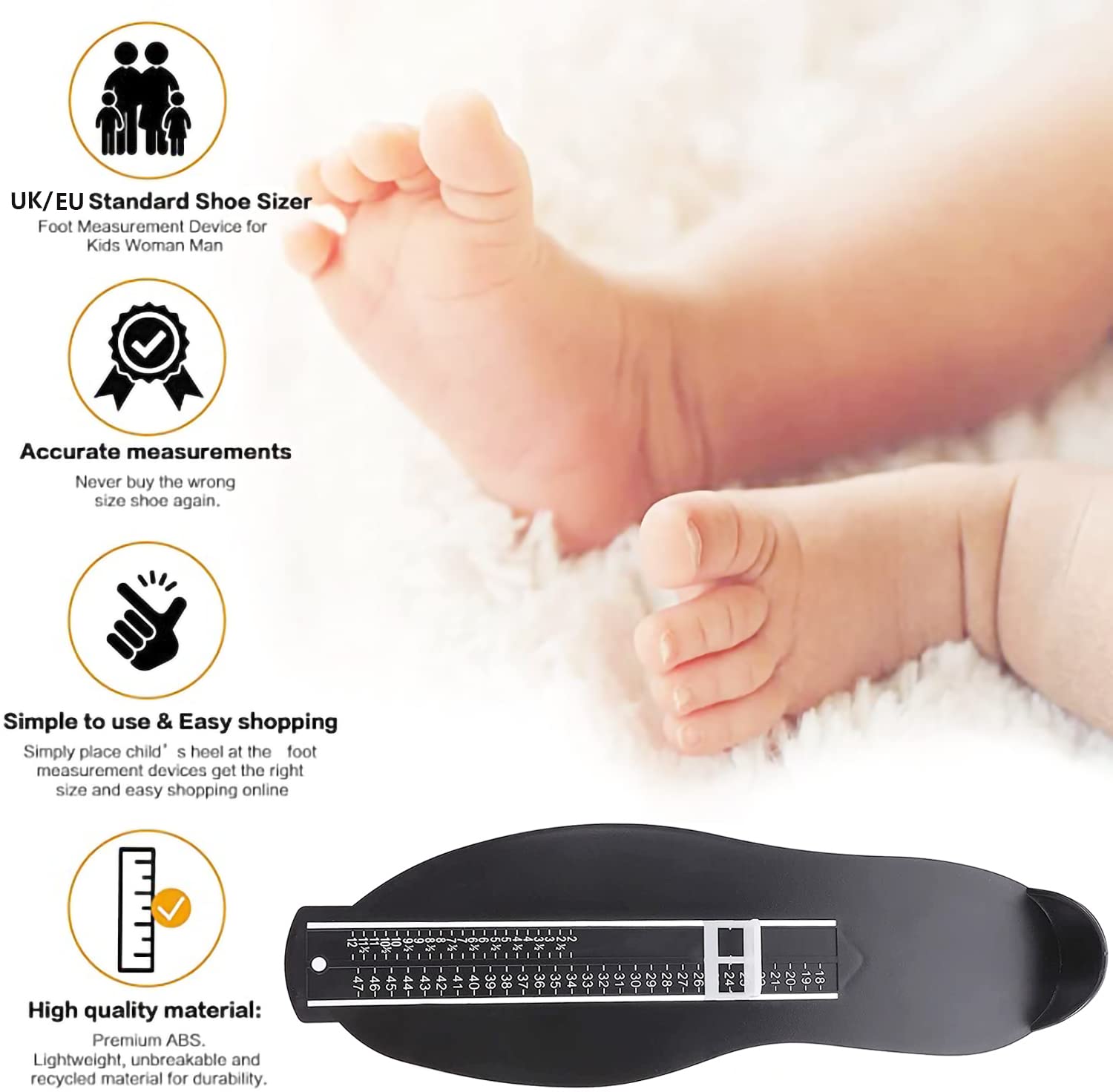 Pedimetre Enfant Adulte Mesurer Pied Pedimetre Enfants Professionnel pour Déterminer la Pointure EUR 18-47/ UK 2-12 Avec Mètre Ruban (Noir)