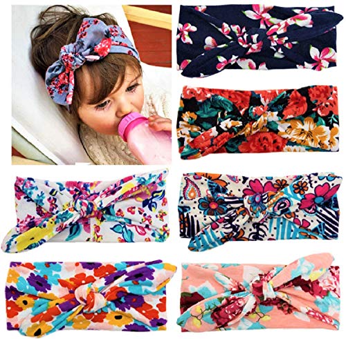 MYWILON BABY Lot de 6 Bandeaux Bebe fille - Turban Bebe Bandana Fille Elastique Imprimé fleur - Accessoires Cheveux Enfant Fille (Oreilles Lapin)
