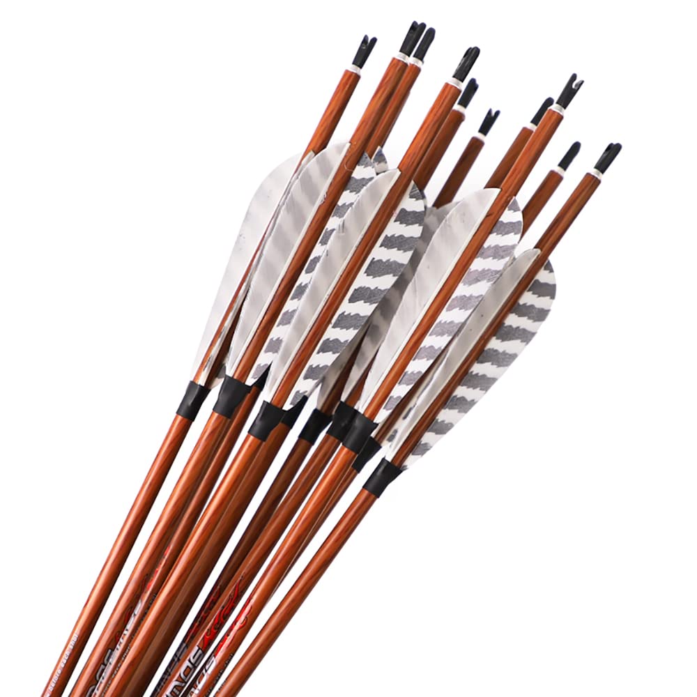 ACCMOS 12 pcs Archery Wood Skin Carbon Arrow Spine 350 400 500 600 700 ID 6.2 mm Hunting Arrows 4" Stripe Turkey Feather for Bow and Arrow Shooting (30inch, Spine 700)
