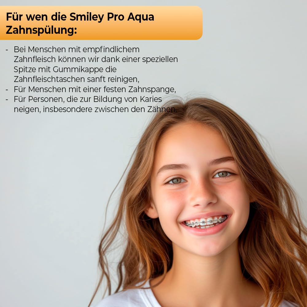 SMILEY Pro Aqua Munddusche Kabellos Zahndusche | Elektrisch Zahnreinigung Zahnzwischenraumreiniger Irrigator Zähne | Waterflosser Zahnreinigungsset Zwischenräume Zahnspülung Gerät mit 4 Tipps