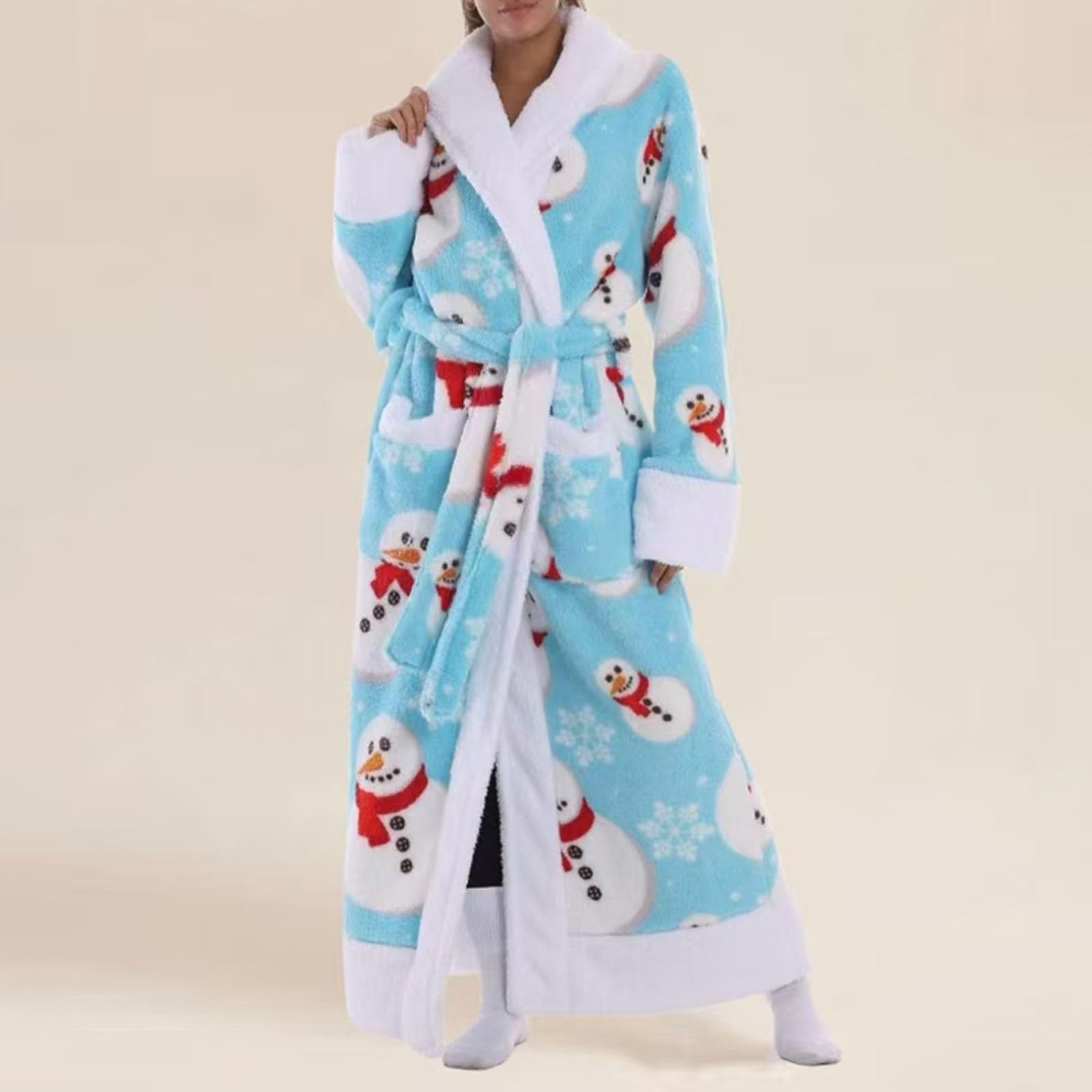 Generisch Accappatoio lungo in flanella con motivo pupazzo di neve, colletto a risvolto, per uomo e donna, caldo, unisex, con tasche in vita, per accoglienti serate di coppia