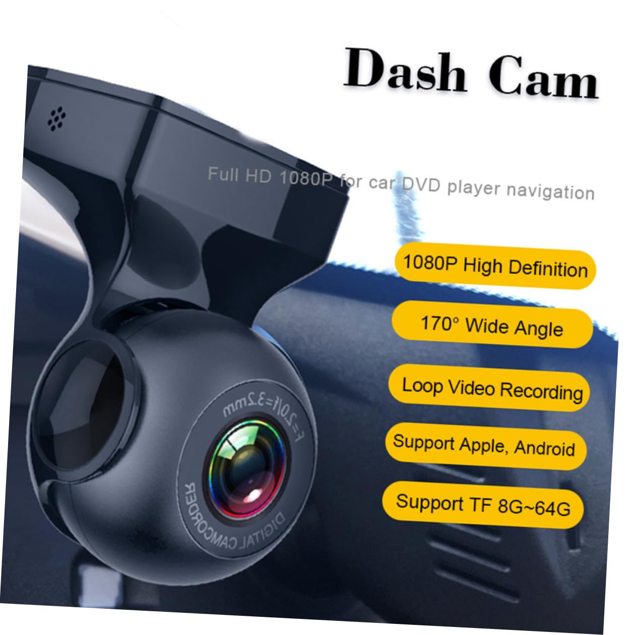 Registratore Video Auto 1080p 170° in Vetro per Cruscotto