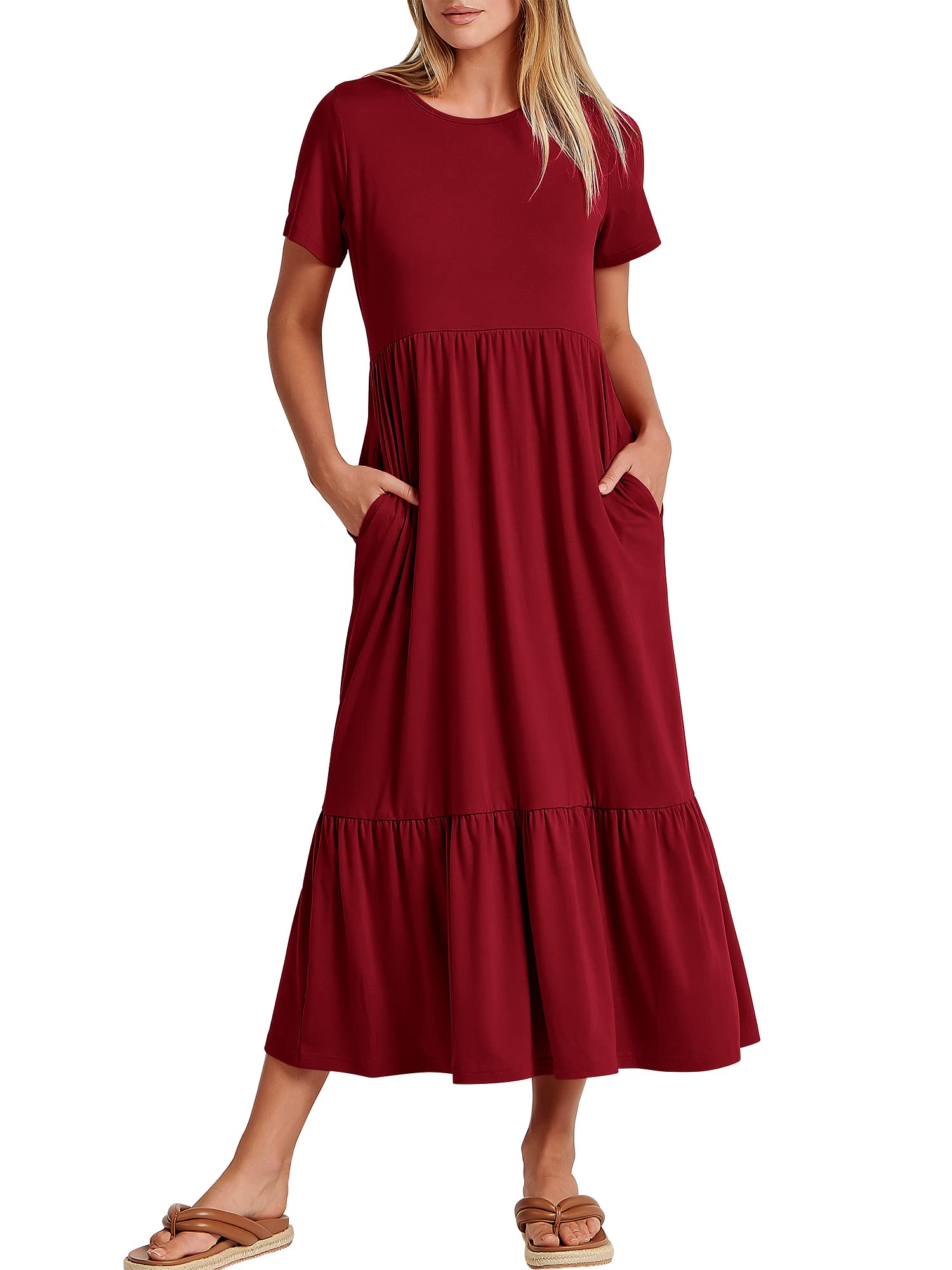 ANRABESS Womens 2025 Summer Casual Maxi Dress A line Tiered Flowy Short Sleeve Crewneck T Shirt Beach Travel Long Dresses