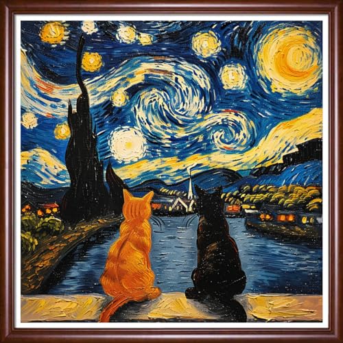 Image of Findvoor Stamped Cross Stitch Kits for Beginner Embroidery Kits for Beginners Adults DIY 11CT Cross Stitch Patterns Needlepoint Kits Crossstitching Kits-Cat Admiring the Moon 18x18 inch