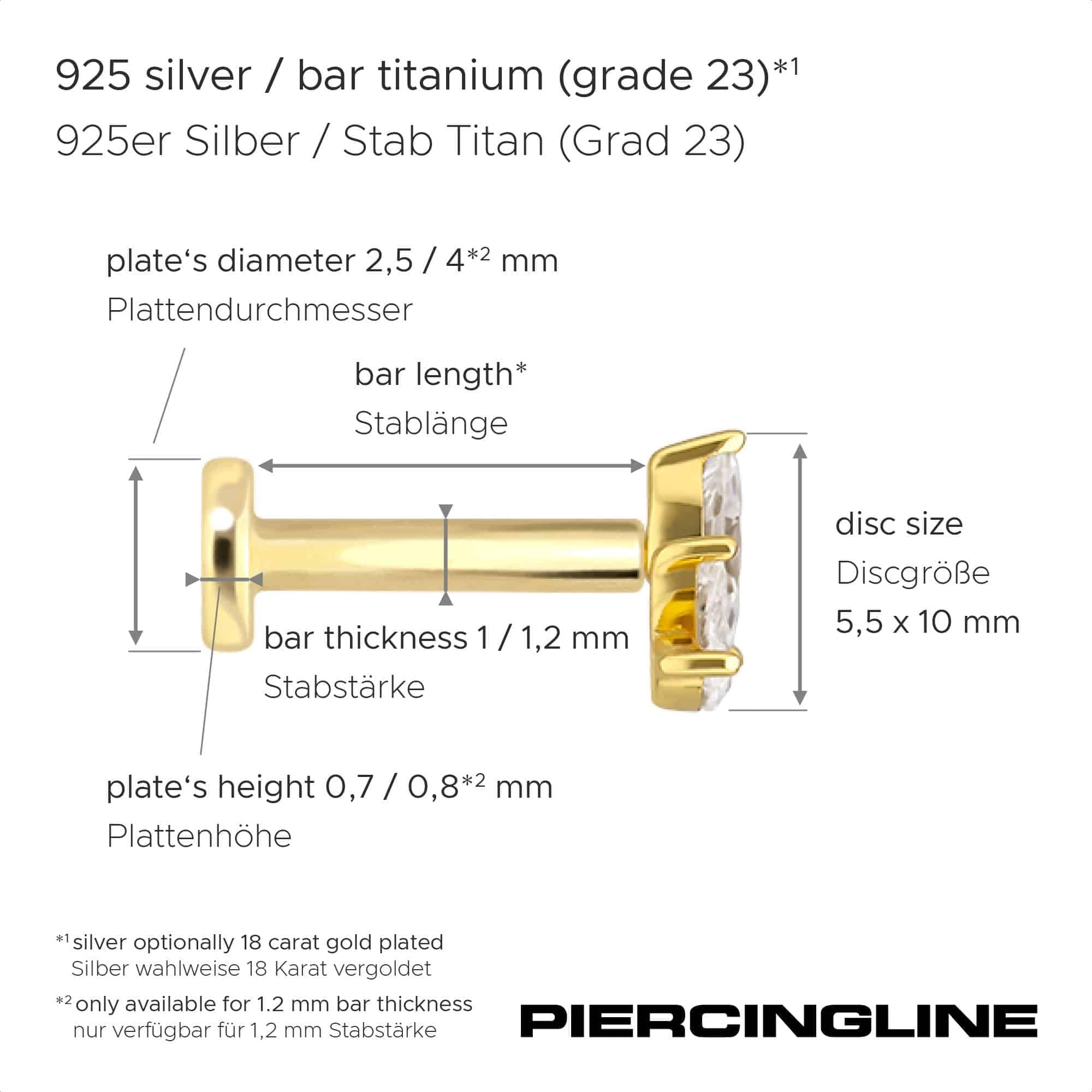 PIERCINGLINE Piercing Stecker Titan Labret mit Innengewinde + 925er Silber Aufsatz MOISSANIT-LOTUSBLÜTE - Goldfarben, Silberfarben