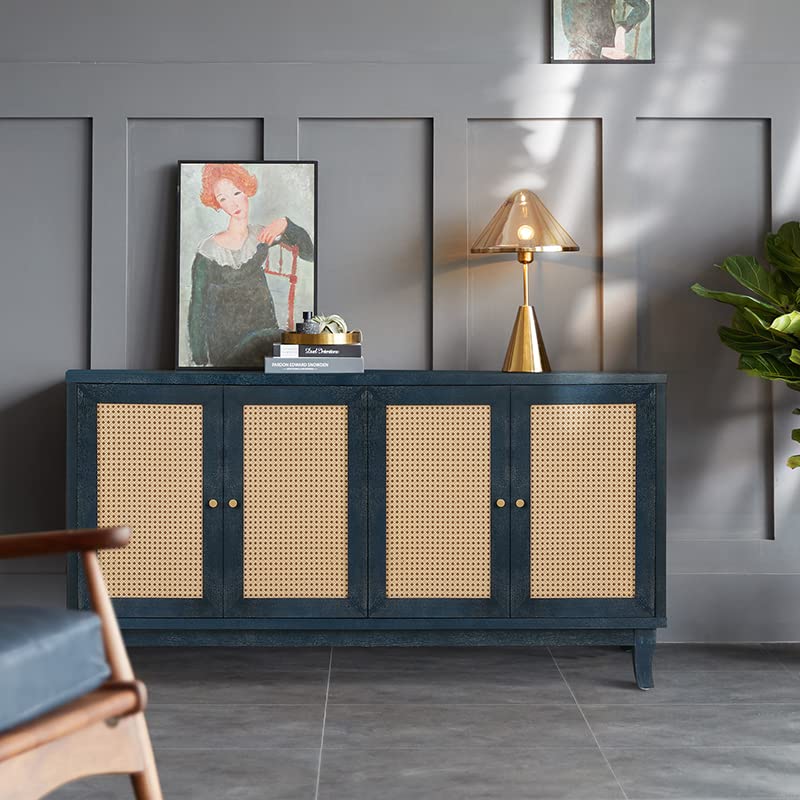 JIJIWANG Sideboard Buffet Cabinet with 4 Doors, Modern Rattan Kitchen Cupboard,Entertainment Center Console Table Kitchen Pantry Cabinet for Living