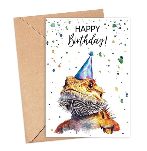 Bearded Dragon Birthday Card With Party Hat - Happy Birthday Card - Bearded Dragon Gift - Zoo Safari Animal Birth - Zoo Greeting Cards - Bearded Dragons Watercolour Cards - Animal Lover Birth Gift