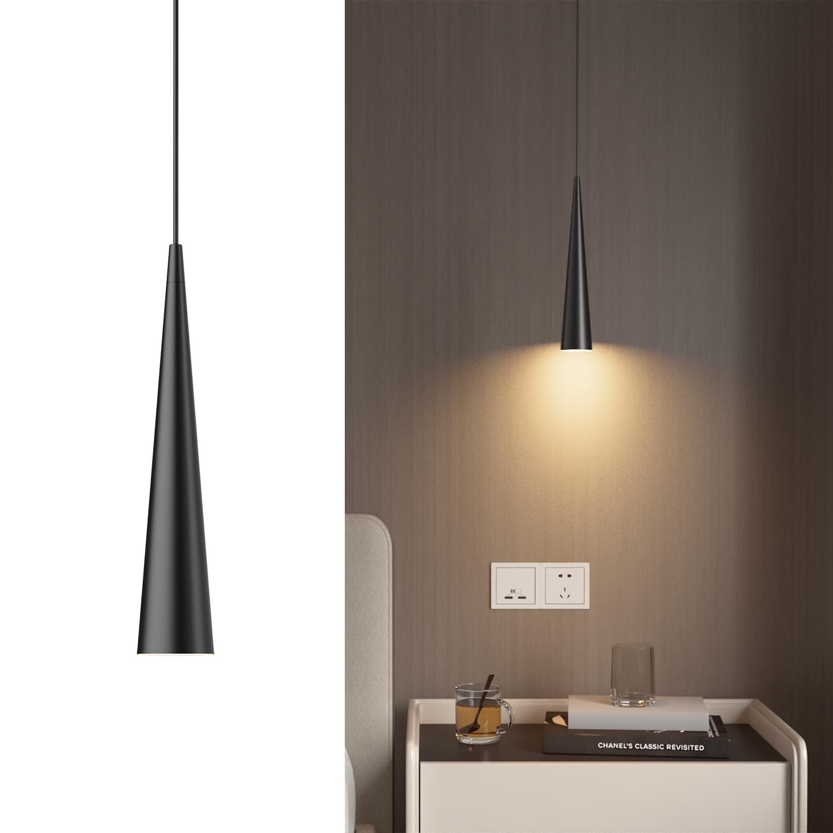 K-Bright Pendelleuchte Kegelförmig, Hängelampe LED mit 5W GU10 Leuchtmittel, Hängeleuchte Höhenverstellbar Pendellampe für Küche Nachttisch Esstisch Wohnzimmer, Warmweiß 3000K, 31,5cm, Schwarz