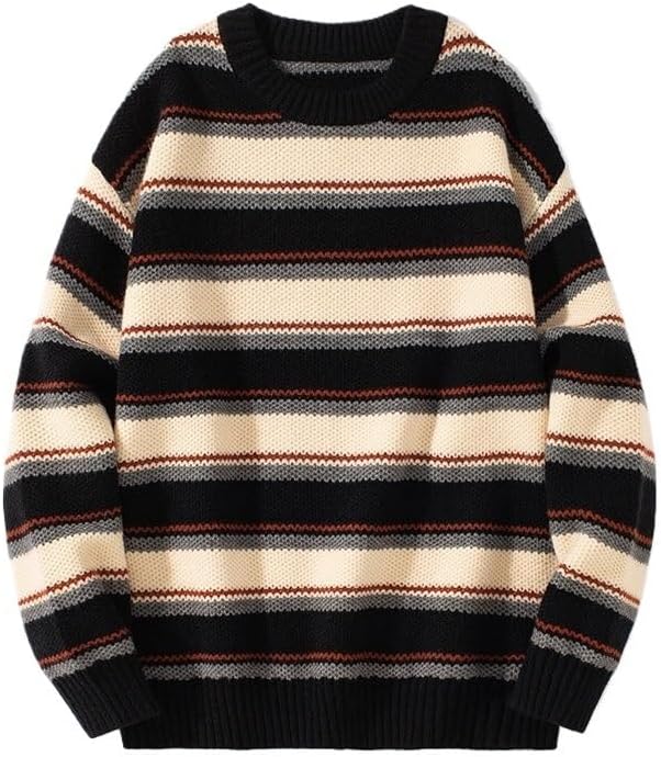 Men's Casual Knitted Sweater Loose Striped Round Neck