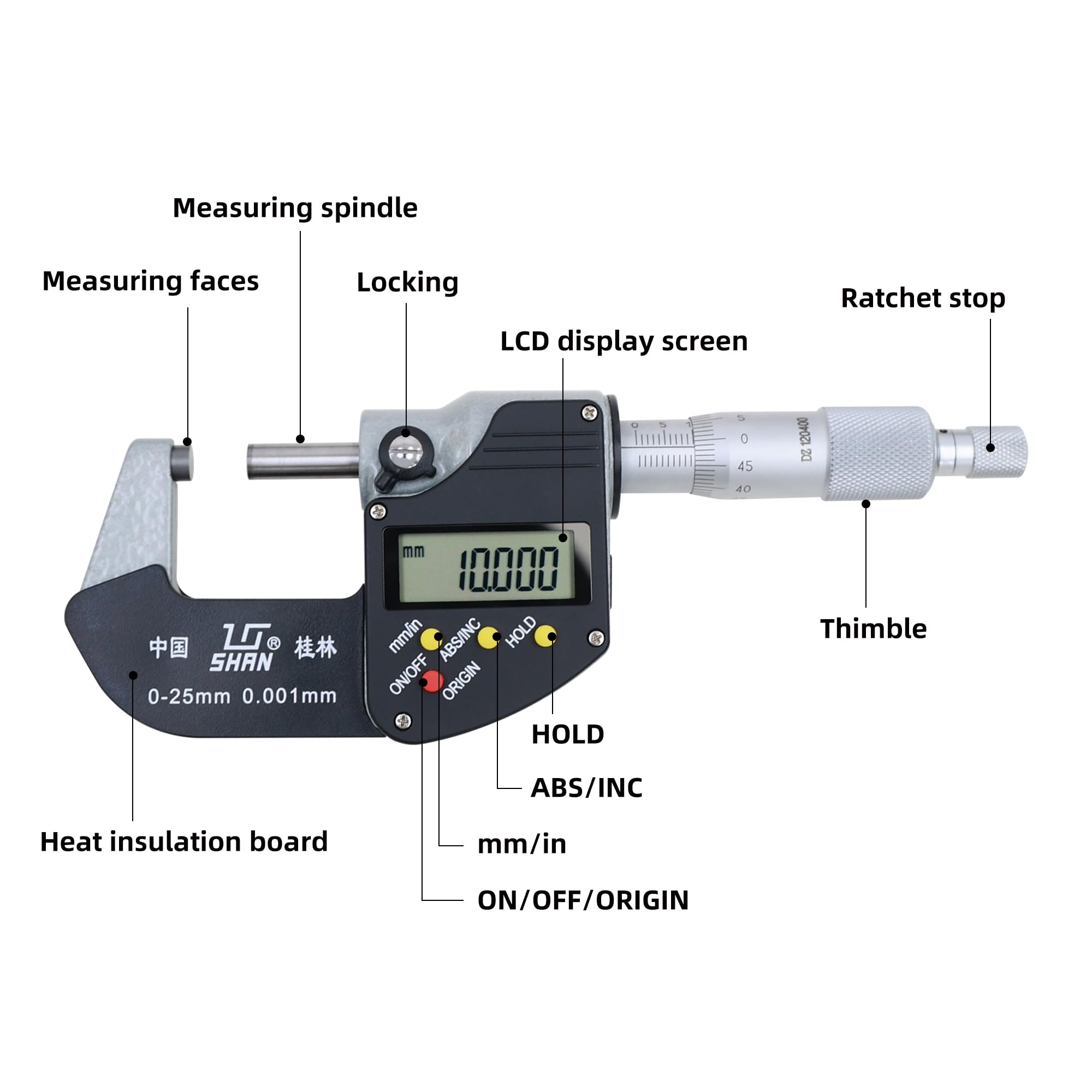 Micrometro digitale professionale 0-1, risoluzione 0,00005" / 0,001 mm, digitale con punta in carburo, intervallo 0-1" con arresto a cricchetto, strumenti di precisione per officine meccaniche e set
