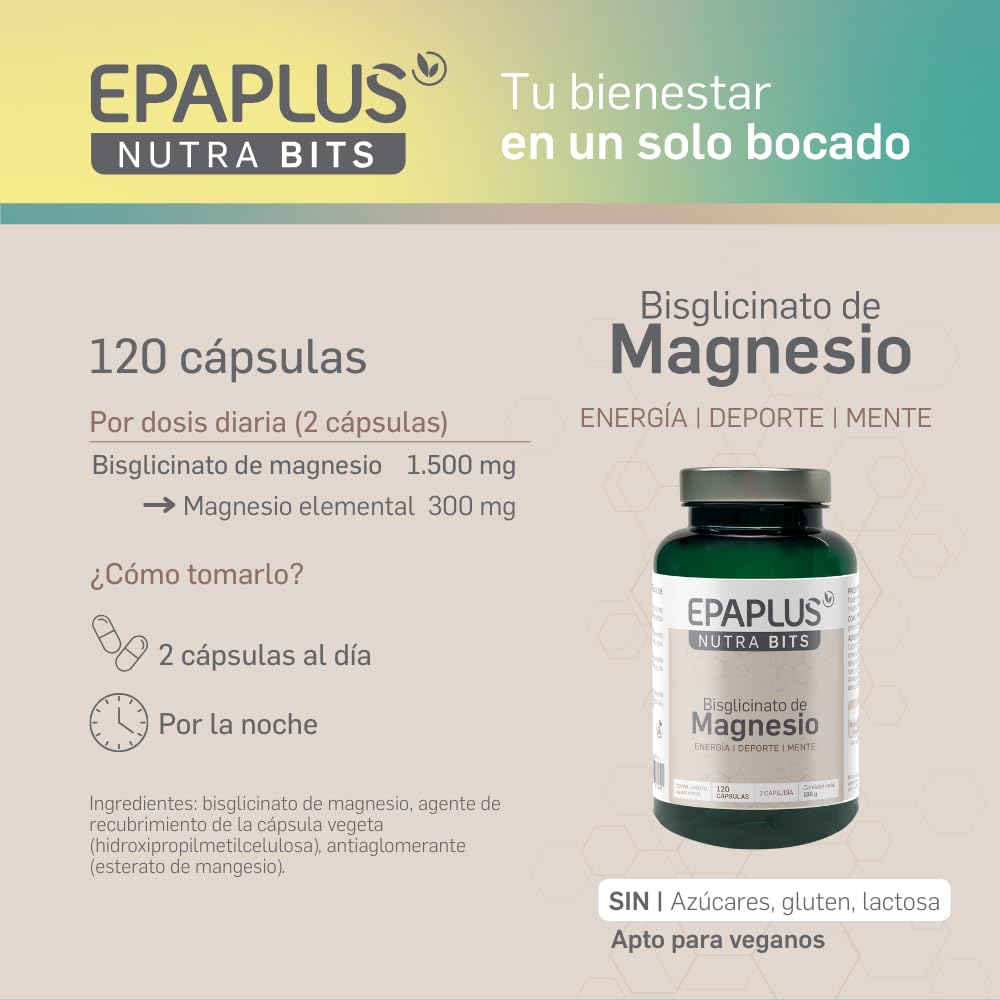 EPAPLUS NUTRABITS Bisglicinato de Magnesio – 300 mg de Magnesio Elemental por Dosis – Pack 2 Unidades - 240 Cápsulas en total - Energía, Deporte y Mente – Sin Gluten, Vegano