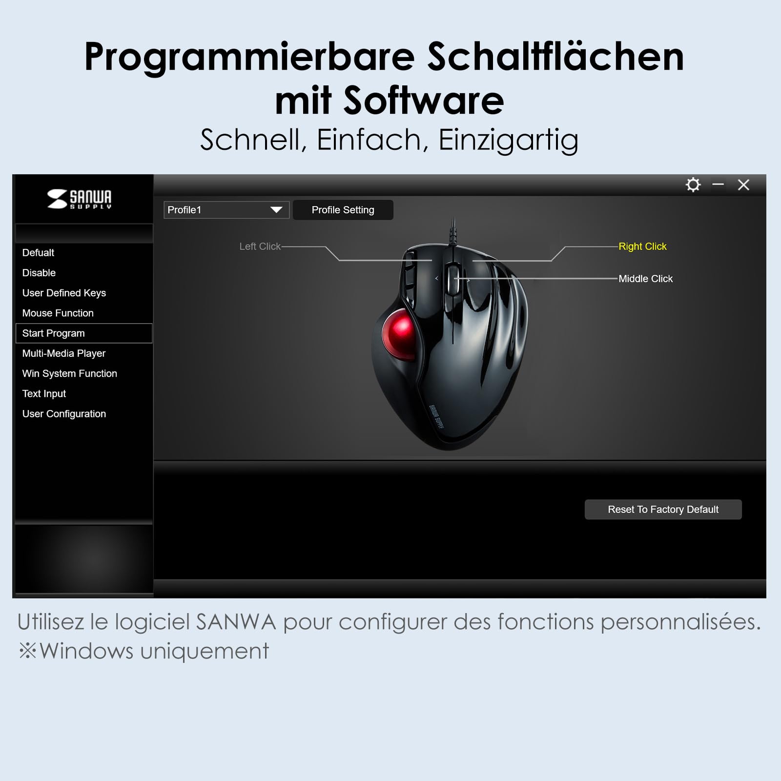 SANWA Trackball Maus mit Kabel, 4 Wege Scrollfunktion, 6 Programmierbare Tasten, Kabelgebundener Roller Ball Maus, 400-1600 DPI, Fingerauflage, Vorbeugung RSI, Kompatibel mit Winows, Mac, PC, Schwarz