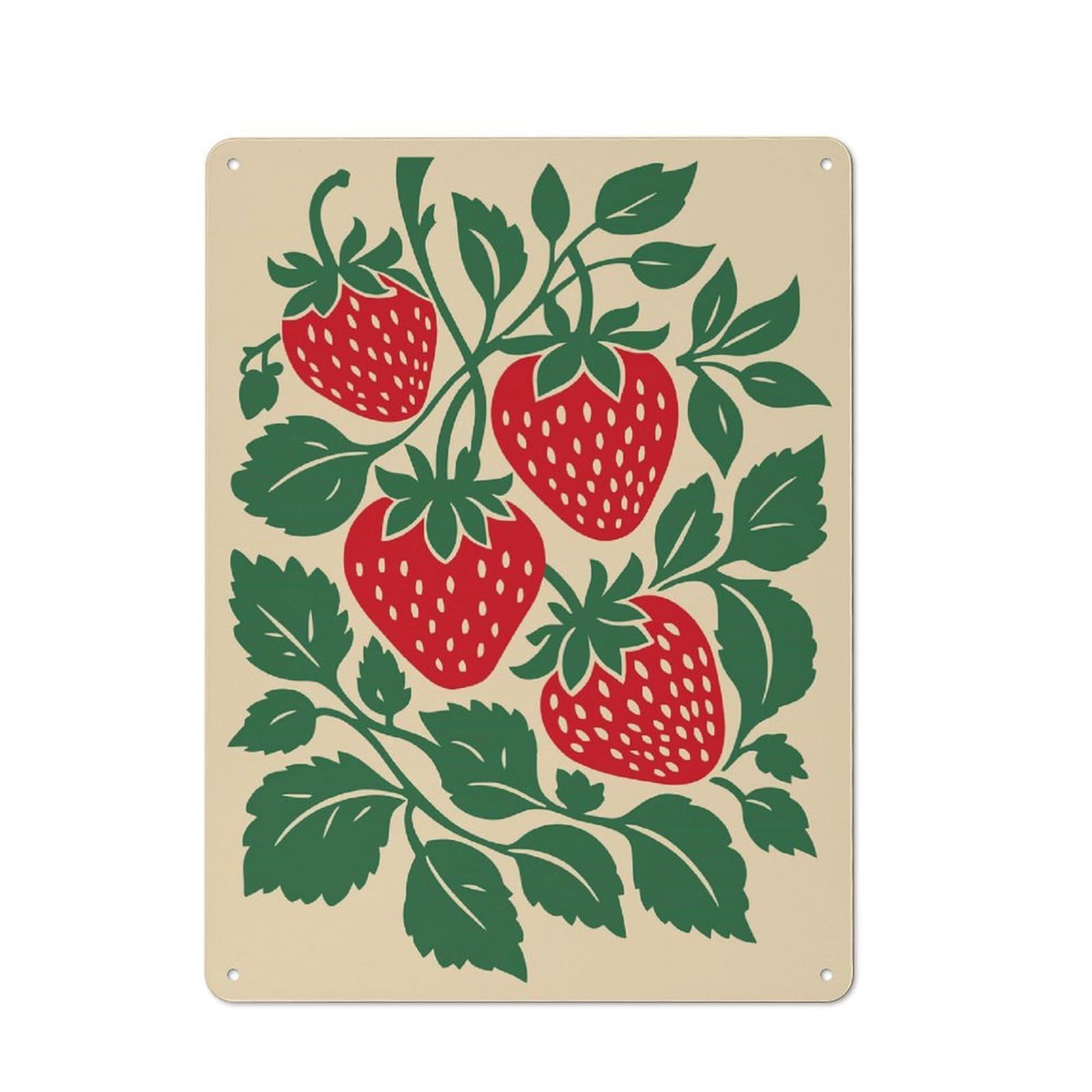 Junmoney Style-23 Stylized Strawberry Plant Illustration Everyday Metal Wall Decor 40X30cm, Decorative Tin Plaque For Flat, Dorm Room, Lounge Or Cafe