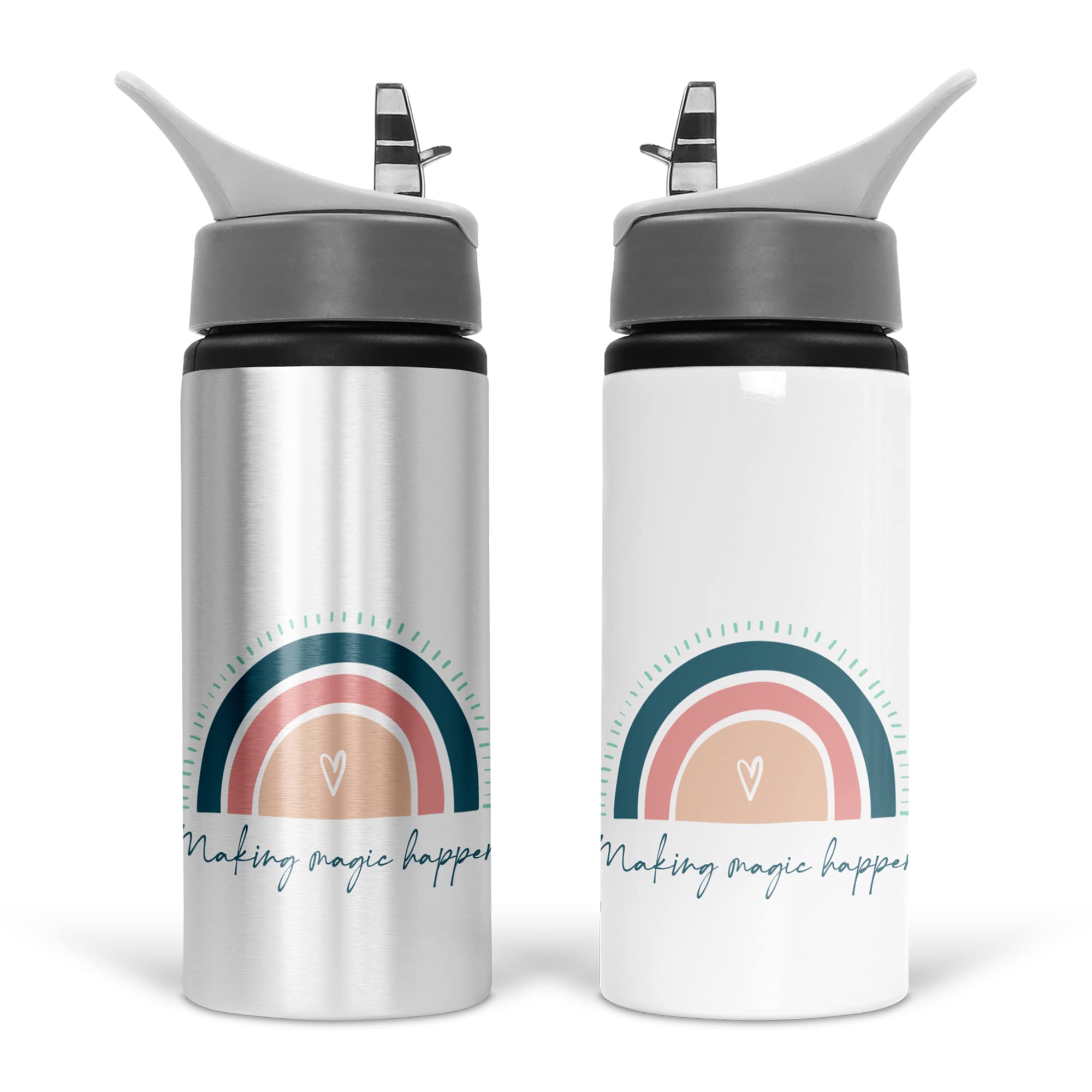 Print Maniacs Personalised Water Bottle School Sport Drink 600ml Leakproof Spill Proof Aluminium Hot Cold Flip up Kids Boys Girls Biking Gift Boho Rainbow (No Name)