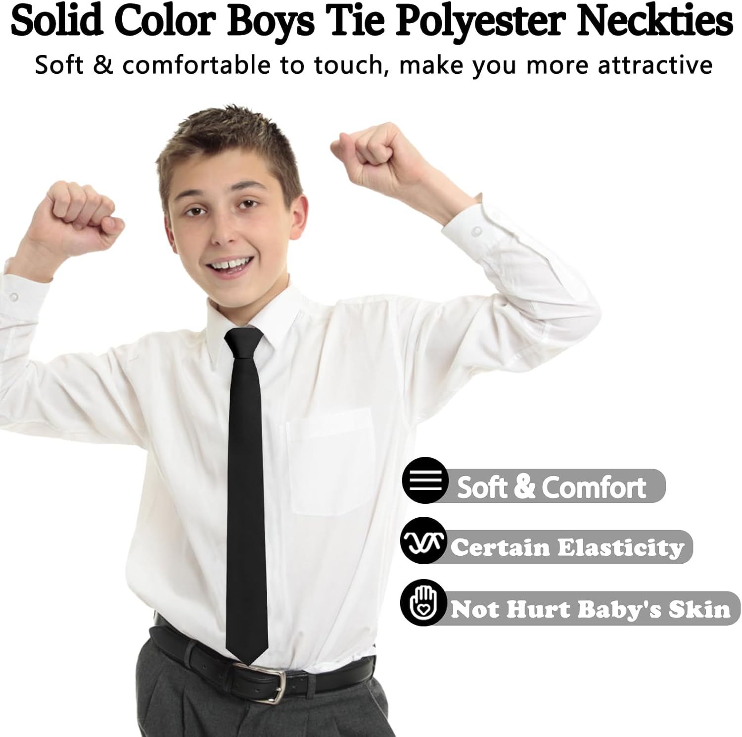 Mantieqingway Ties for Boys, Solid Color Kids Tie Polyester Neckties for School Uniform Graduation Wedding Party (Age 8-12) - Image 2