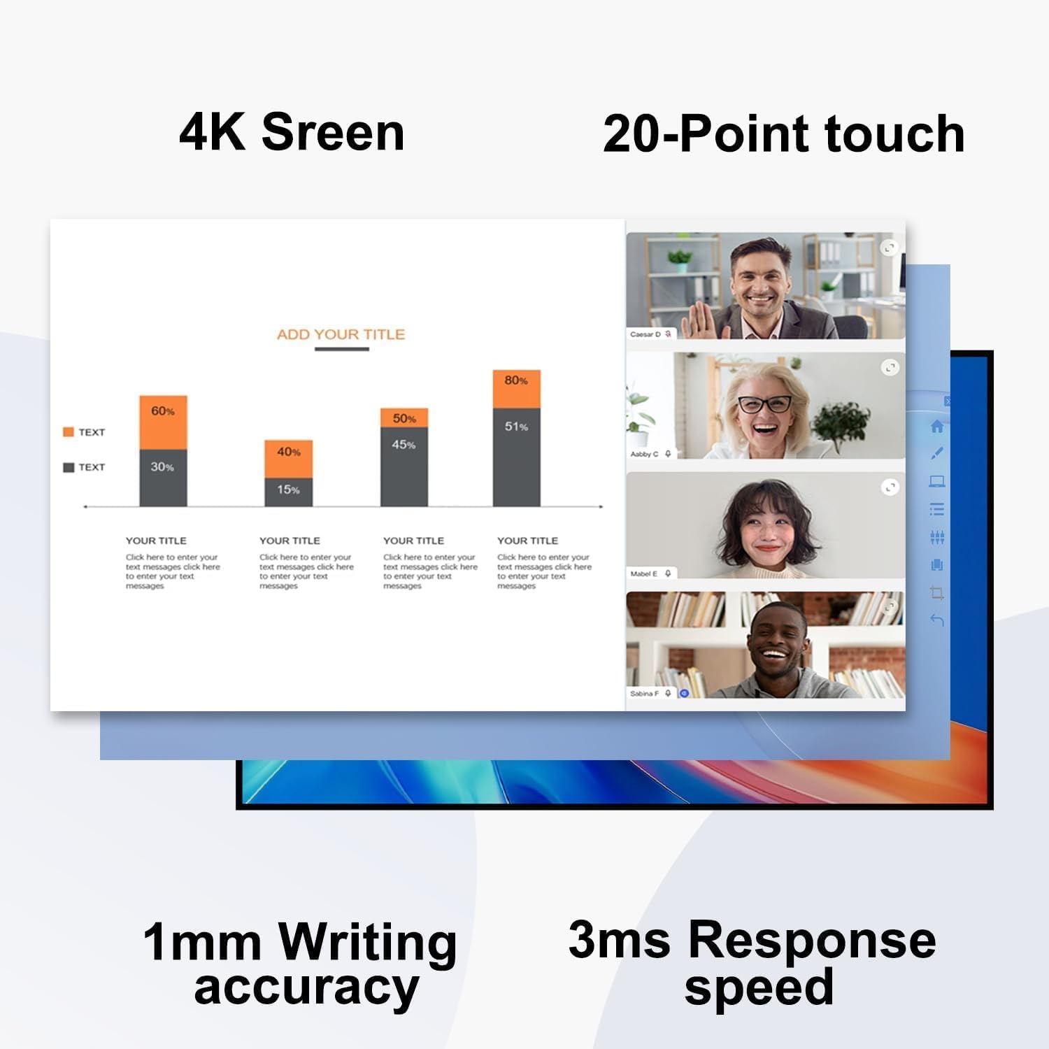 Close-up of the TIBURN Smart Board screen highlighting 4K resolution, 20-point touch, 1mm writing accuracy, and 3ms response speed.