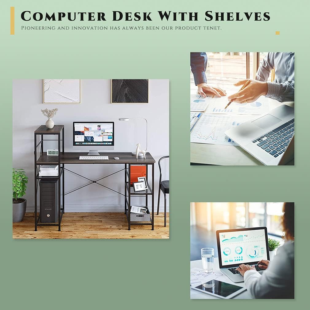 PayLessHere Computer Desk with Shelves 52 Inch, Modern Home Office Desk with Adjustable Bookshelf Corner Desk for Study and Work, Vintage