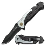 Tac-Force Folding Pocket Knife – Black Partially Serrated Blade, Grey/Black Aluminum Handle w/Sheriff Logo, Rope Cutter, Glass Punch, Pocket Clip, Tactical, EDC, Rescue - TF-727SH