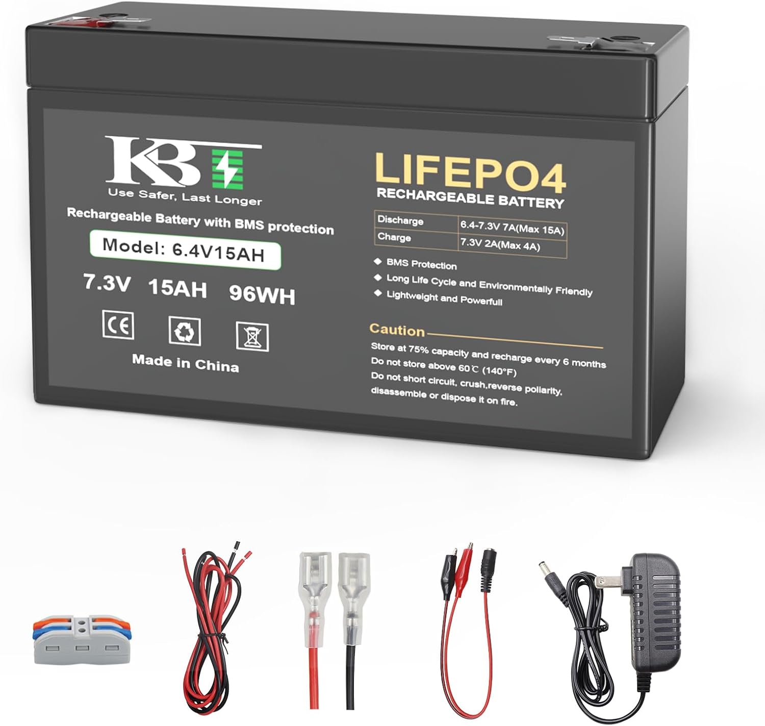 KBT 6V 12Ah Rechargeable LiFePO4 Lithium Battery, Long Lasting Life, with Charger, Charging Cable, Quick Connector, for Ride on Toys, Emergency Lights, Fencing, Electric Signs, Lanterns