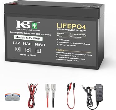 KBT 6V 15Ah Rechargeable LiFePO4 Lithium Battery Replacement, Long Lasting Life, with Charger for Ride on Toys, DIY Project, Tractor, Emergency Light Equipment, Lanterns, Deer Feeder