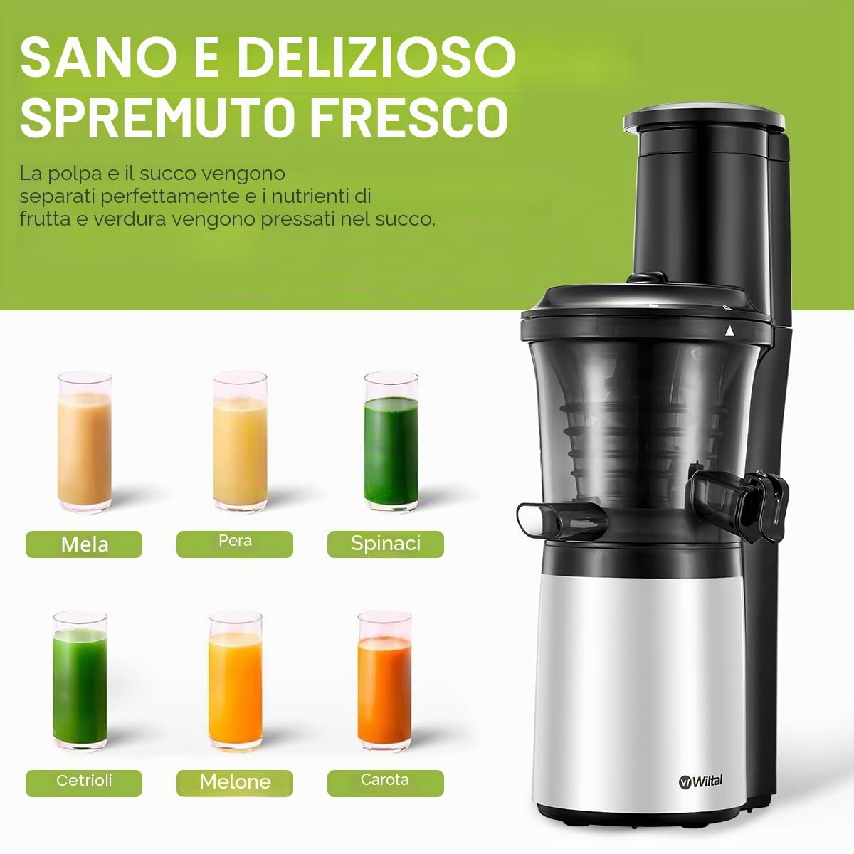 Wiltal | Slow Juicer | Estrattore di succo per verdure e frutta | Con apertura da 76 mm | Estrattore elettrico per frutta | Motore silenzioso | Facile da pulire | JC-280 | 150 Watt | Senza BPA |
