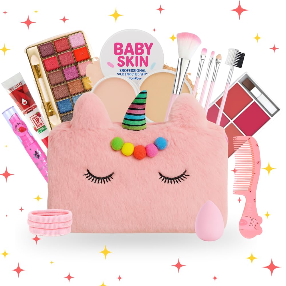 Makeup Kit for Girls & Teens – 20 PCS Safe & Washable Beauty Set with Unicorn Pink Bag – Non-Toxic Cosmetics for Ages 7–16 – Gift Set with Brushes, Lip Gloss, Blush & More - All in one Makeup Kit-image-38