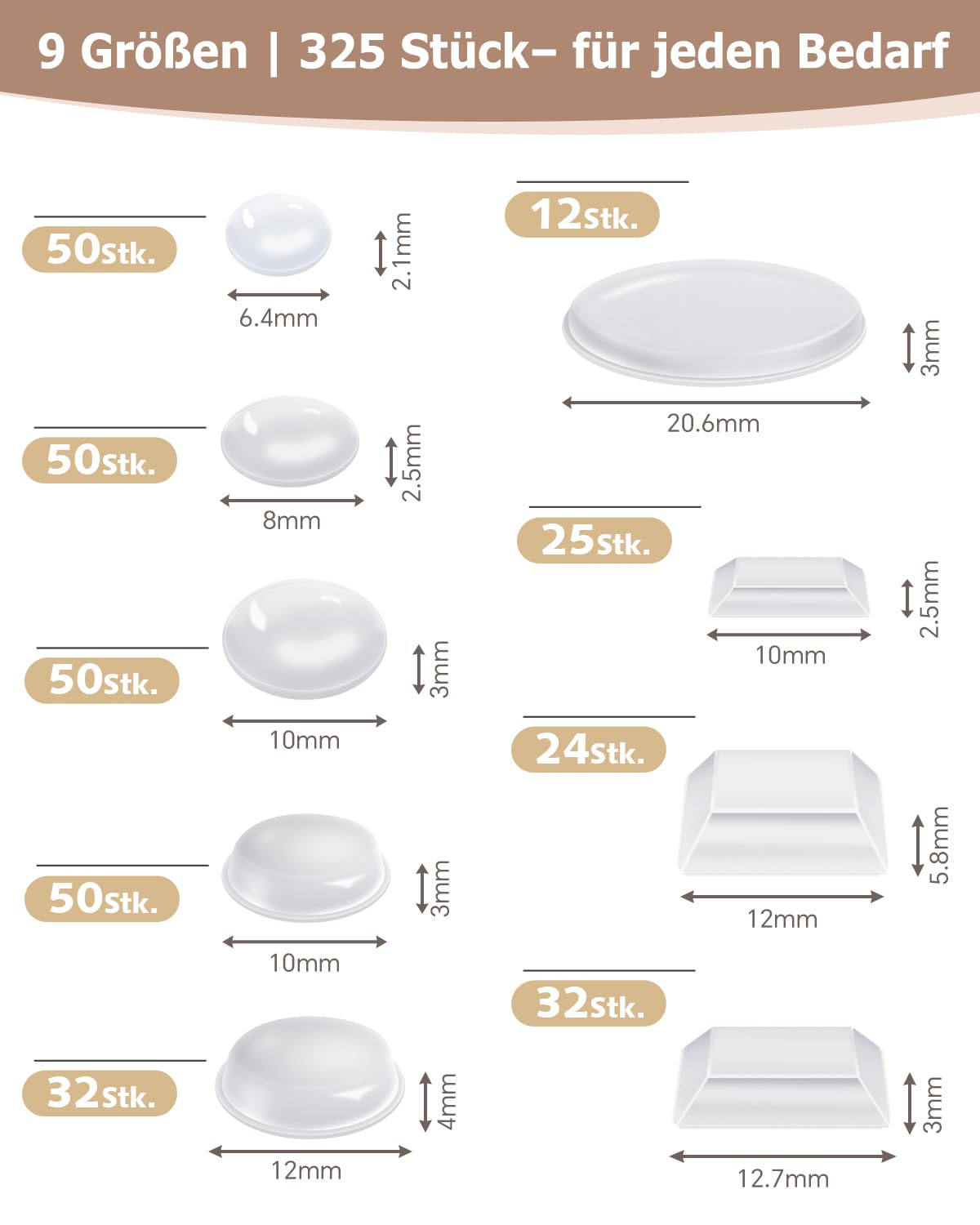 VABNEER Ammortizzatore di Colpi in Silicone Trasparente Autoadesivo Gommini Paracolpi per Porte, Mobili, Cassetti, Armadietti (325, 6.4-20.6mm)