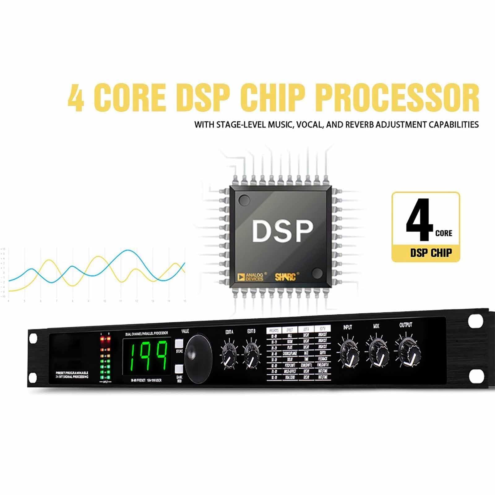 Professioneller Audio-Prozessor-Equalizer – 24-Bit Digital Reverb DSP mit 99 Voreinstellungen und 199 Soundeffekten
