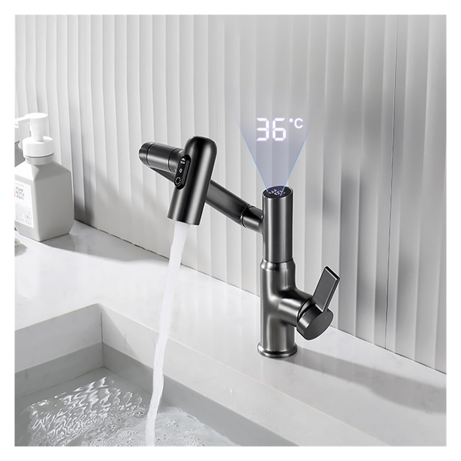 Grifo de baño, Grifo de cocina con pantalla Digital inteligente, grifo basculante for lavabo baño, for, for autocaravana y lavado raspado(Tap-silver)