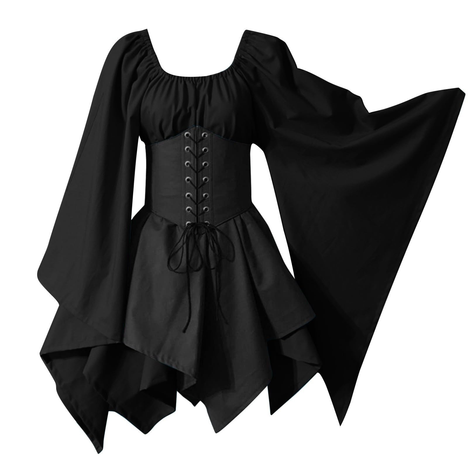 Saymany Damen Mittelalter Kleid,Traditionelles Irisches Kleid Vintage Gothic Kleid Für Halloween Cosplay Renaissance Kleid Kostüm Renaissance Kleid Kostüm Mit Elfenohren,Halskette,Overknee Socken