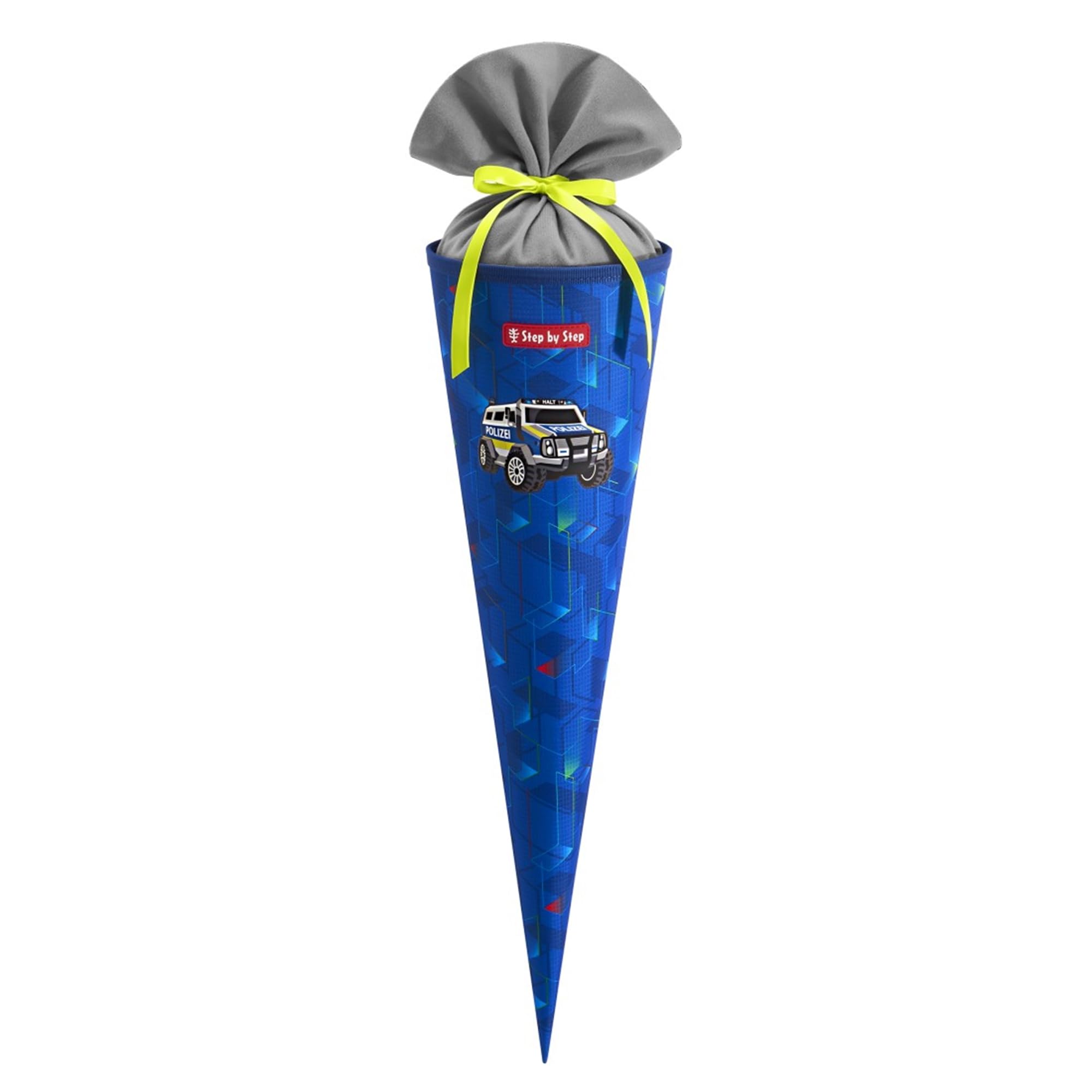 Step by Step Schultüte „Police Truck Charly“, blau, passend zum Schulranzen, aus recycelten PET-Flaschen, Verschluss aus Stoff, 5 l Füllvolumen, 70 cm Höhe