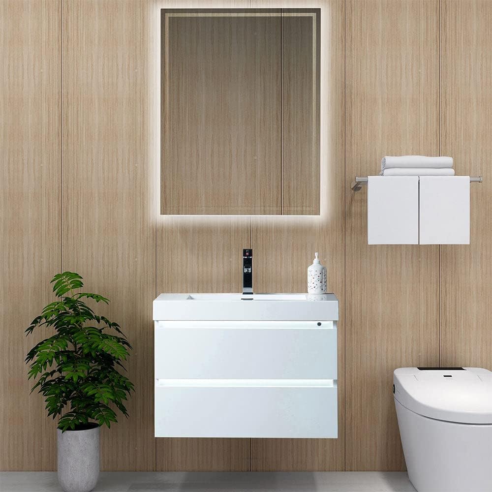 Vanity Art 30 Inches Single Sink Wall Mounted Bathroom Vanity Set 2 Drawers Storage Cabinet with White Engineered Stone Top Undermount Rectangle Sink High-Glossy Finish VA6030W