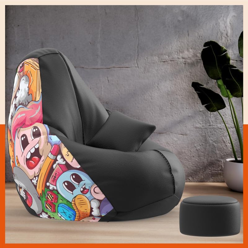 Biggie Bean Bag with Beans Filled 5XL VibeBoost Premium Bean Bag with Free Cushion and Footrest - Official : Kids Corner Combo (Matching Color : Regular, Cartoon Design-Black)-image-5