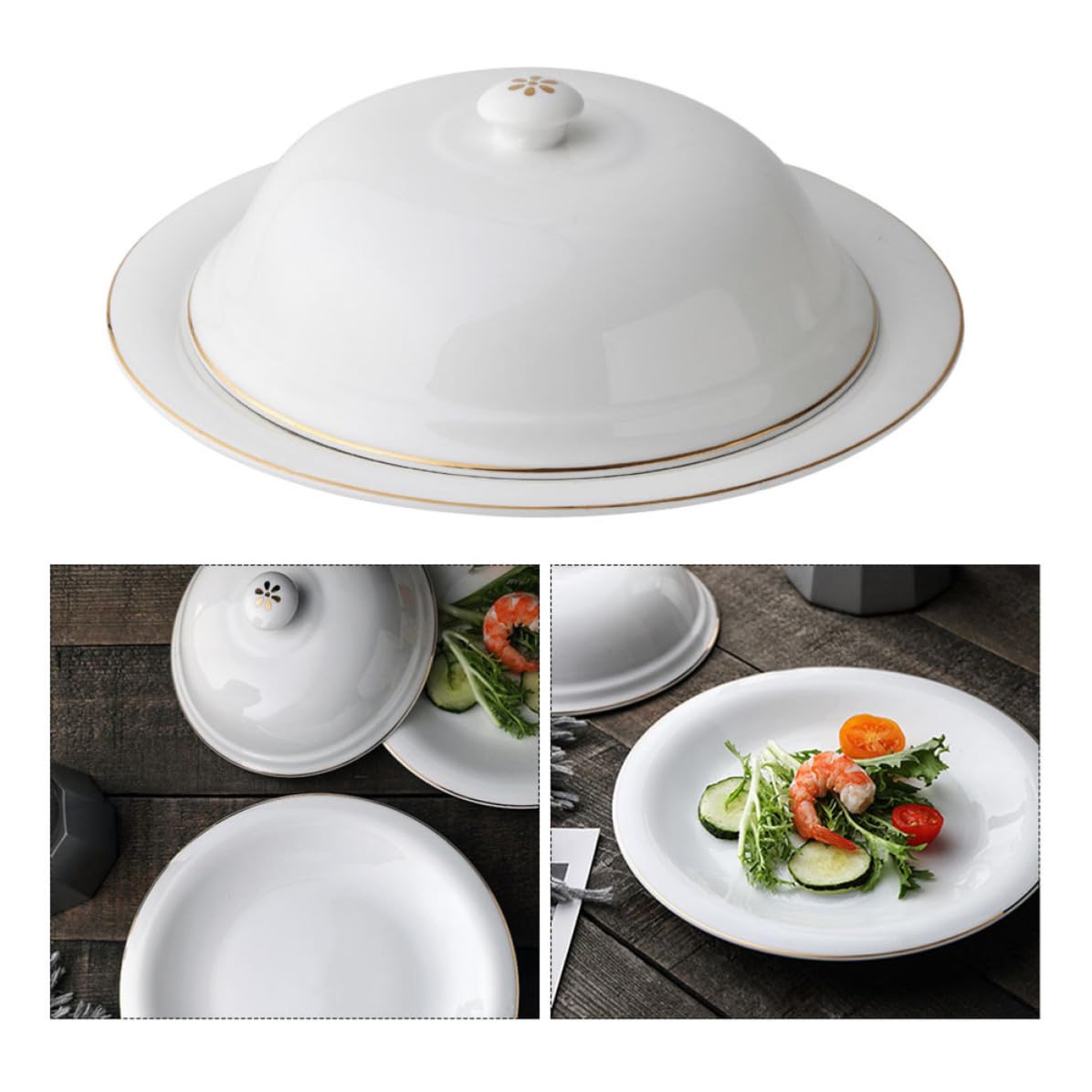Gatuida Piatto in Ceramica Bianco con Coperchio per Bistecca e Dessert, Piatto da Portata Funzionale per Ristorante e Hotel, Materiale Ceramico Resistente e Finitura Liscia