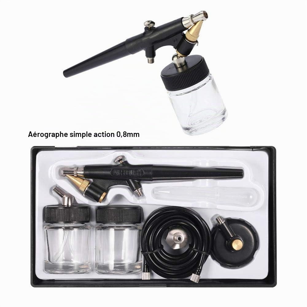 Kit aérographe Complet Professionnel avec compresseur aérographe, et 1 aérographe Double Action et 1 Seule Action aribrush pâtisserie modelisme Ongles Nail Art gâteau avec kit de Nettoyage